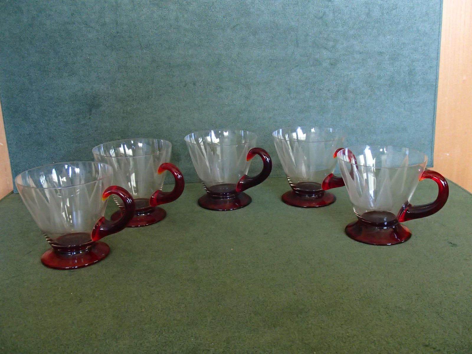 5 Art Nouveau Tea Glasses With Red Base And Holder Engraved photo furniture