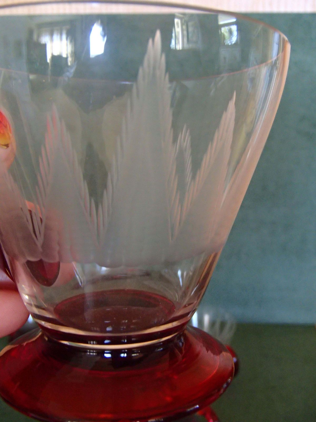 5 Art Nouveau Tea Glasses With Red Base And Holder Engraved photo vintage