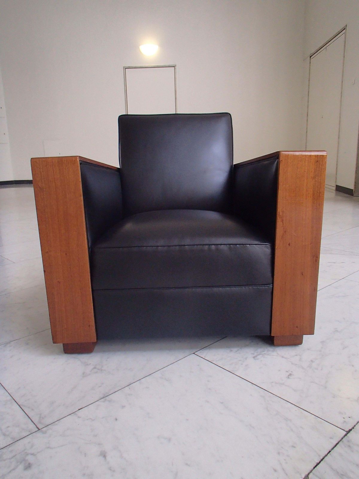 Art Deco Cubistic Black Leather Armchair With Mahogany Arms photo furniture