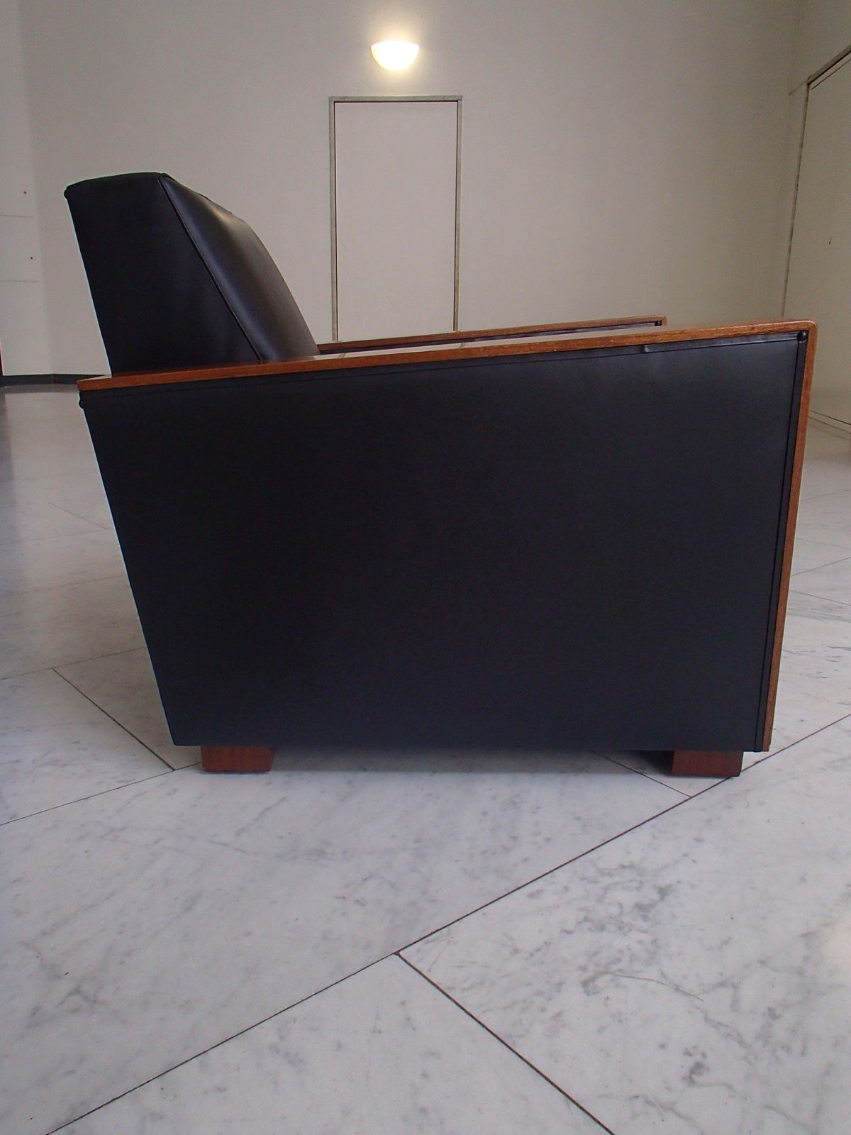 Art Deco Cubistic Black Leather Armchair With Mahogany Arms photo for sale