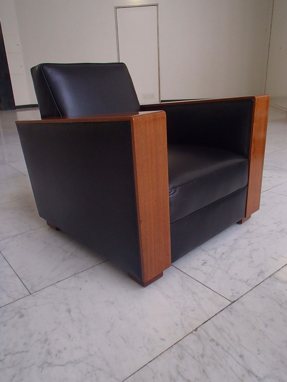Art Deco Cubistic Black Leather Armchair With Mahogany Arms photo vinterior
