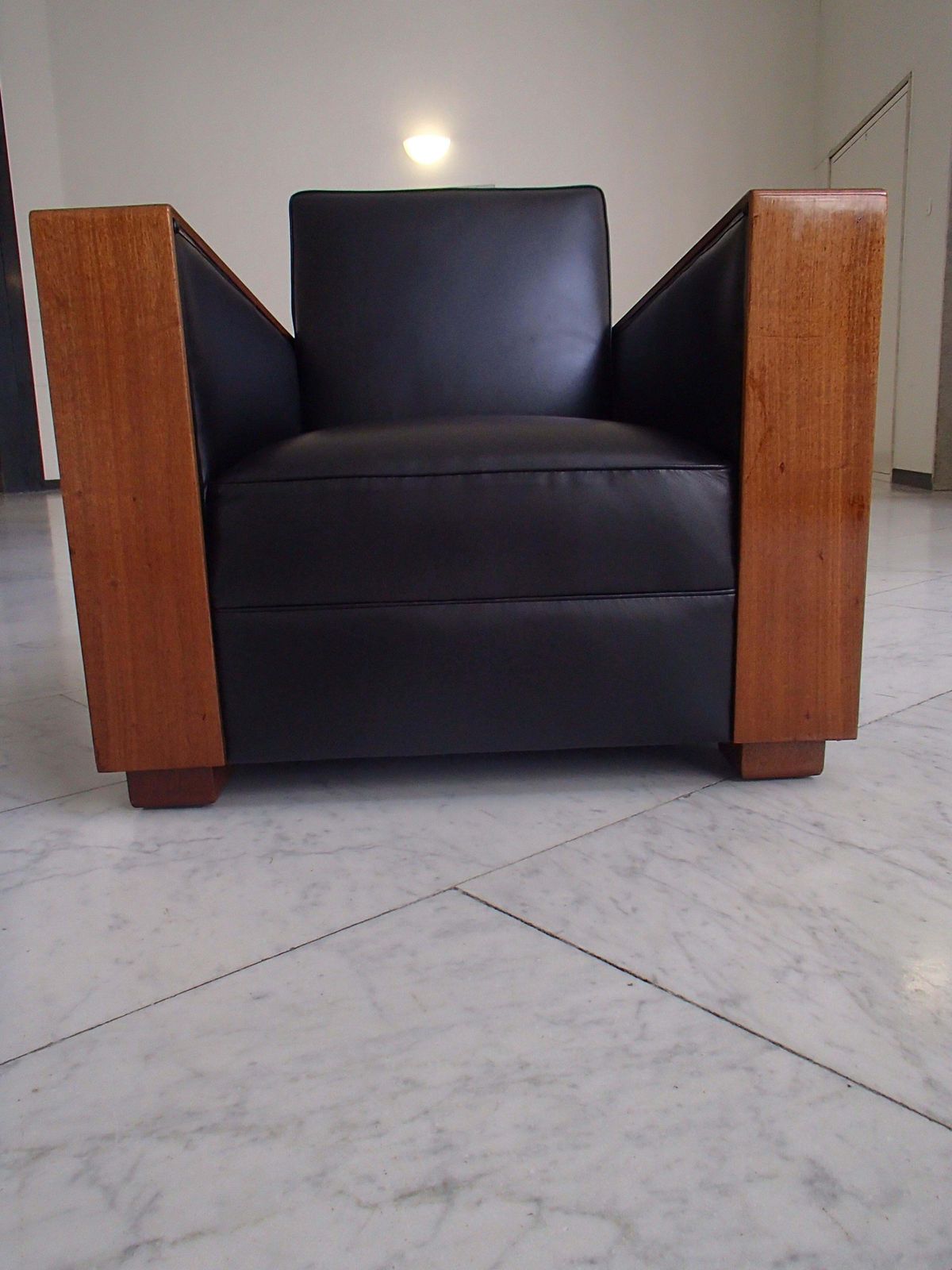 Art Deco Cubistic Black Leather Armchair With Mahogany Arms photo vintage