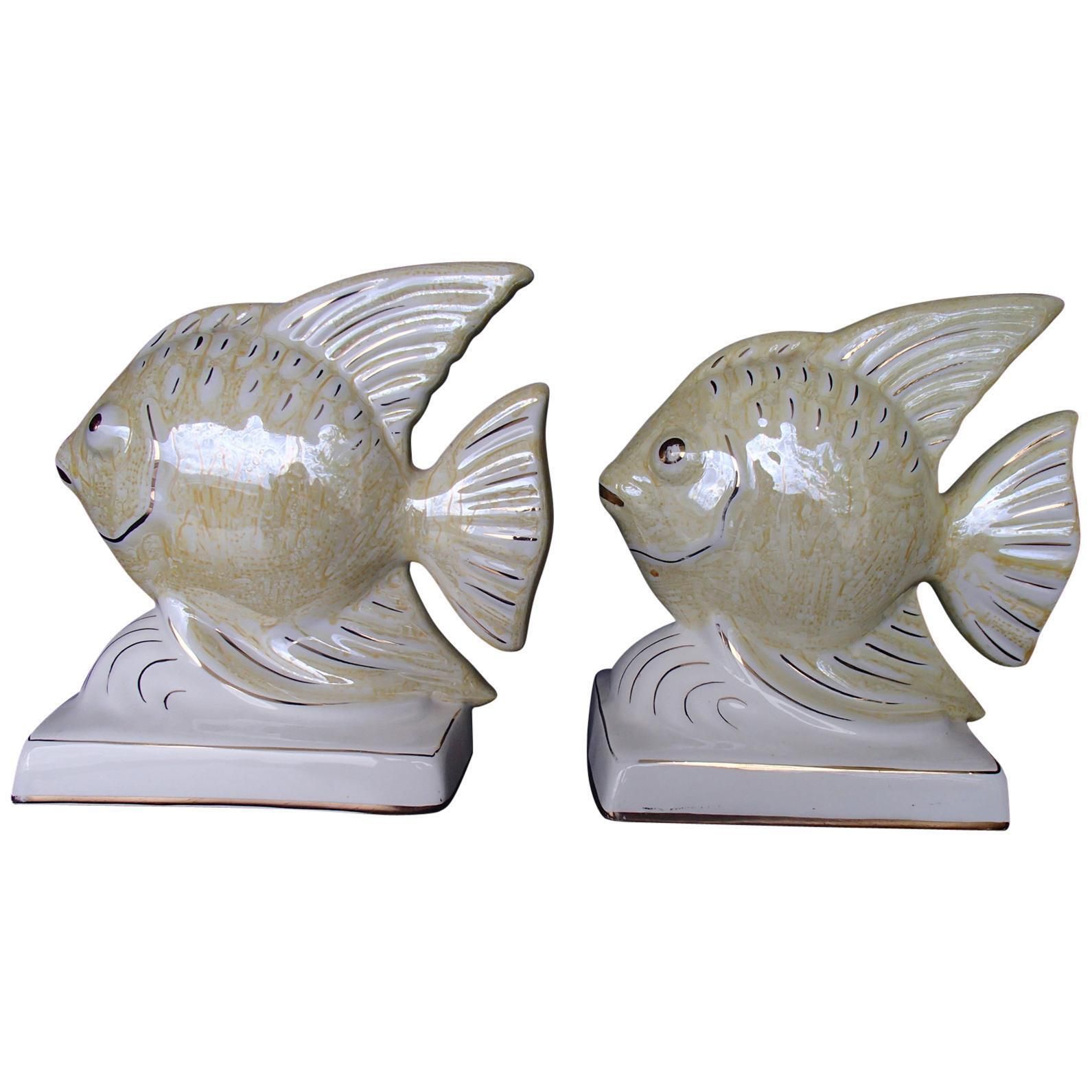 1950s Pair Of Porcelaine Fishes As Bookend Or Deco