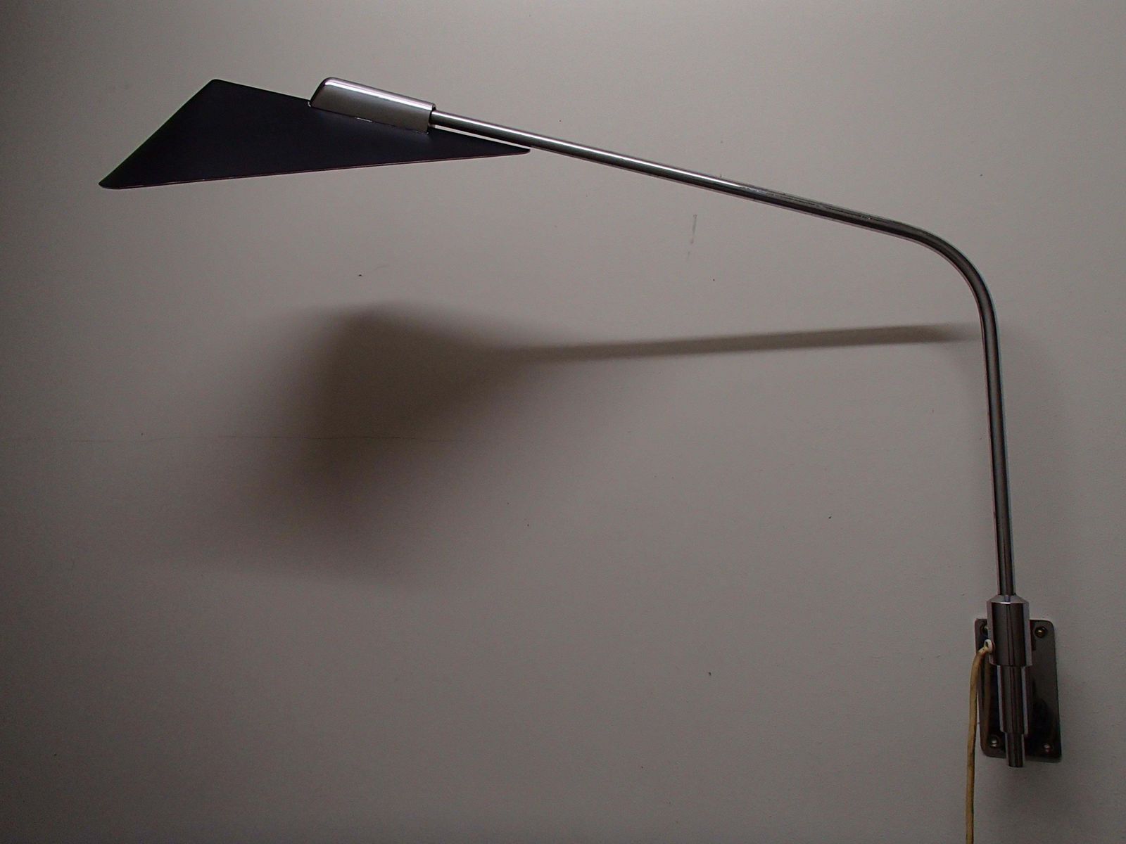 Mid Century Modern Desk Or Reading Wall Light Movable Chrome Arm And Black Shade photo for sale