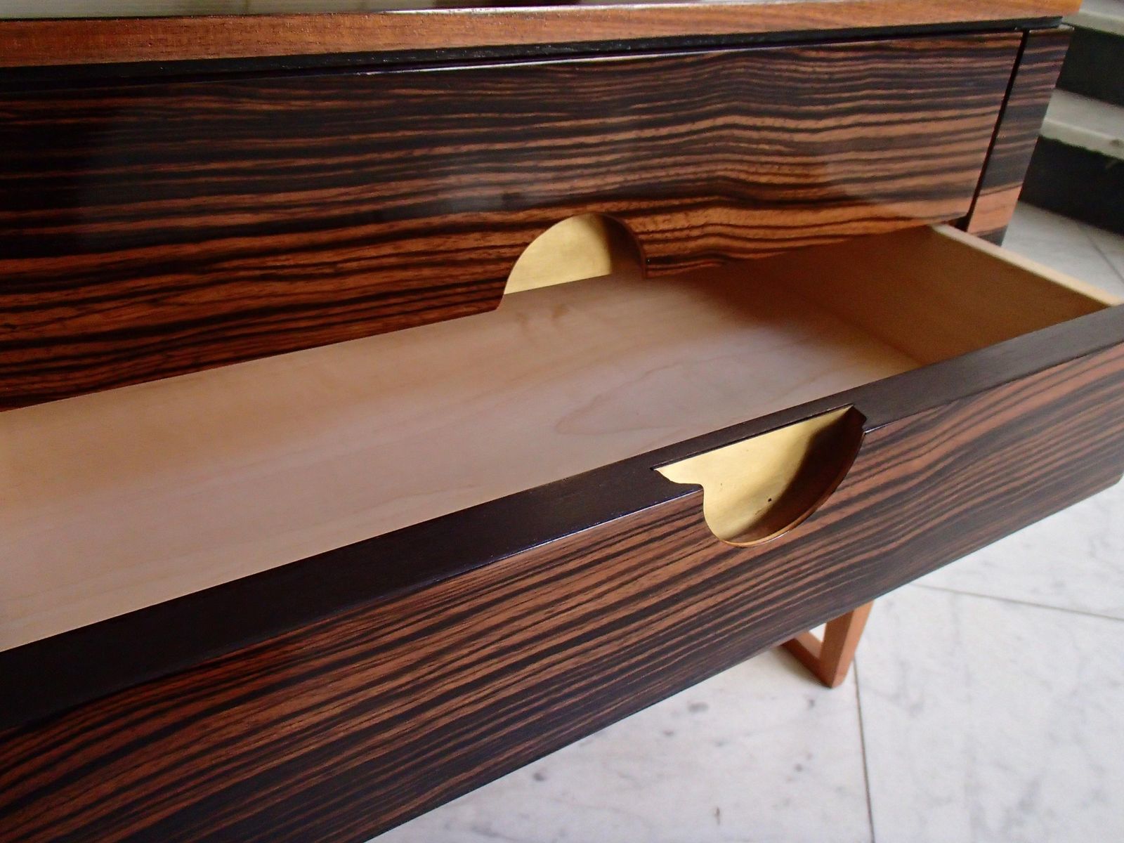 Midcentury Chest Of Drawers Or Low Table Ebene De Macassar And Brass Handles photo vintage