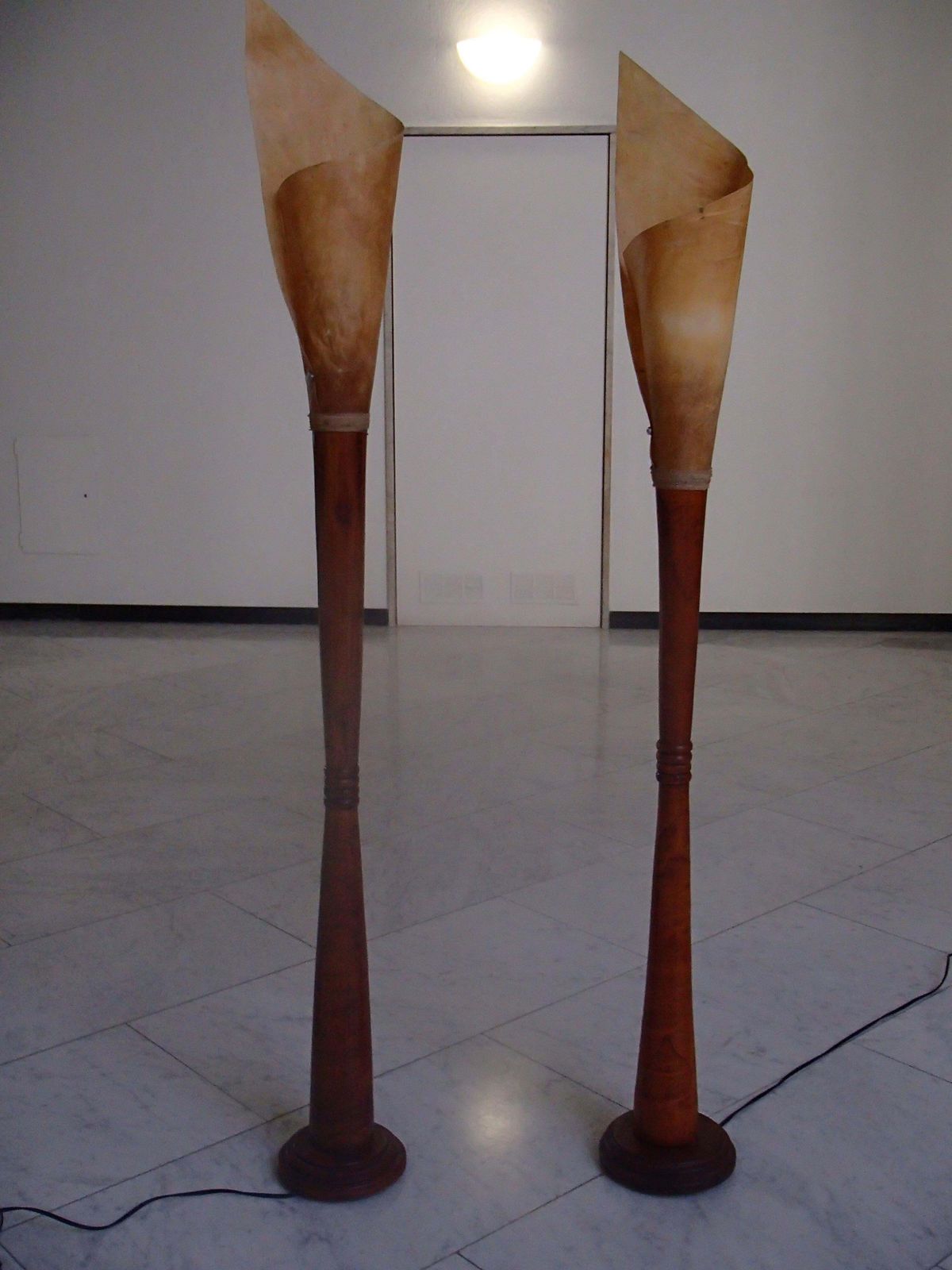 Midcentury Brutalist Pair Handmade Floor Lamps Wood And Rolled Skin Shades photo furniture