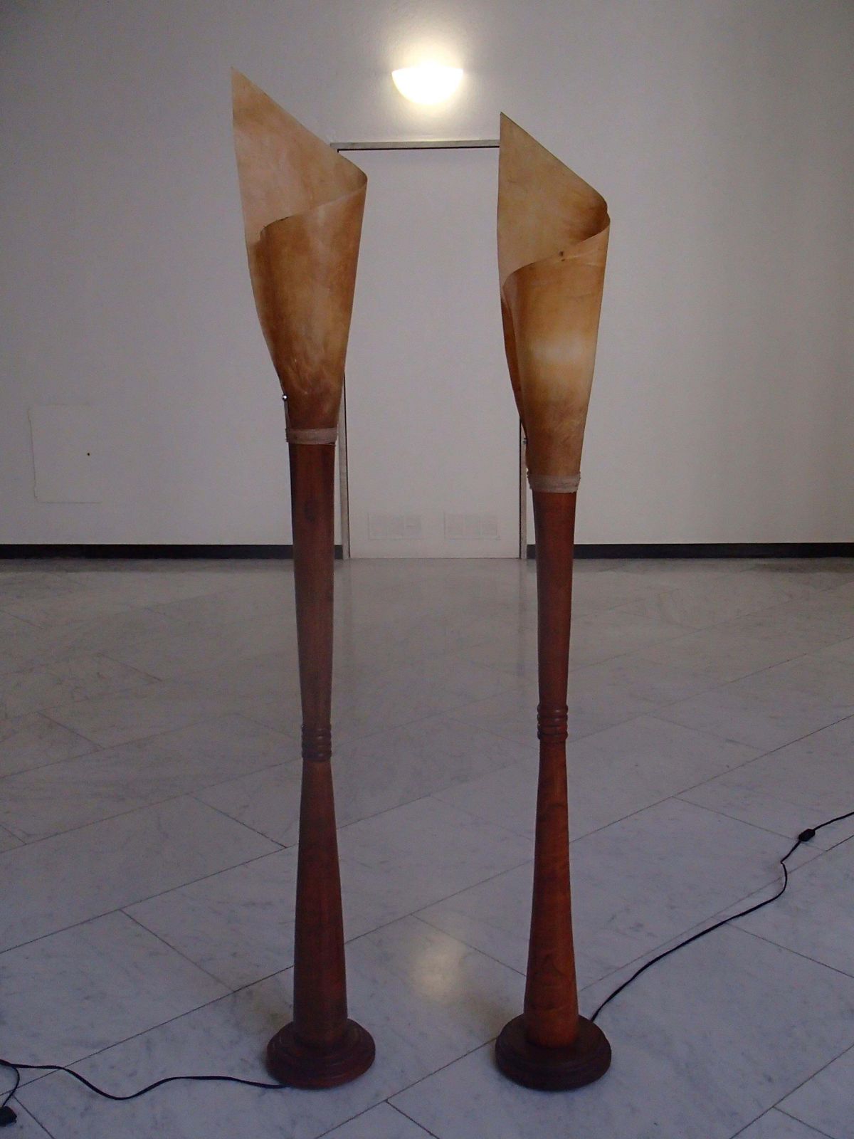Midcentury Brutalist Pair Handmade Floor Lamps Wood And Rolled Skin Shades photo for sale