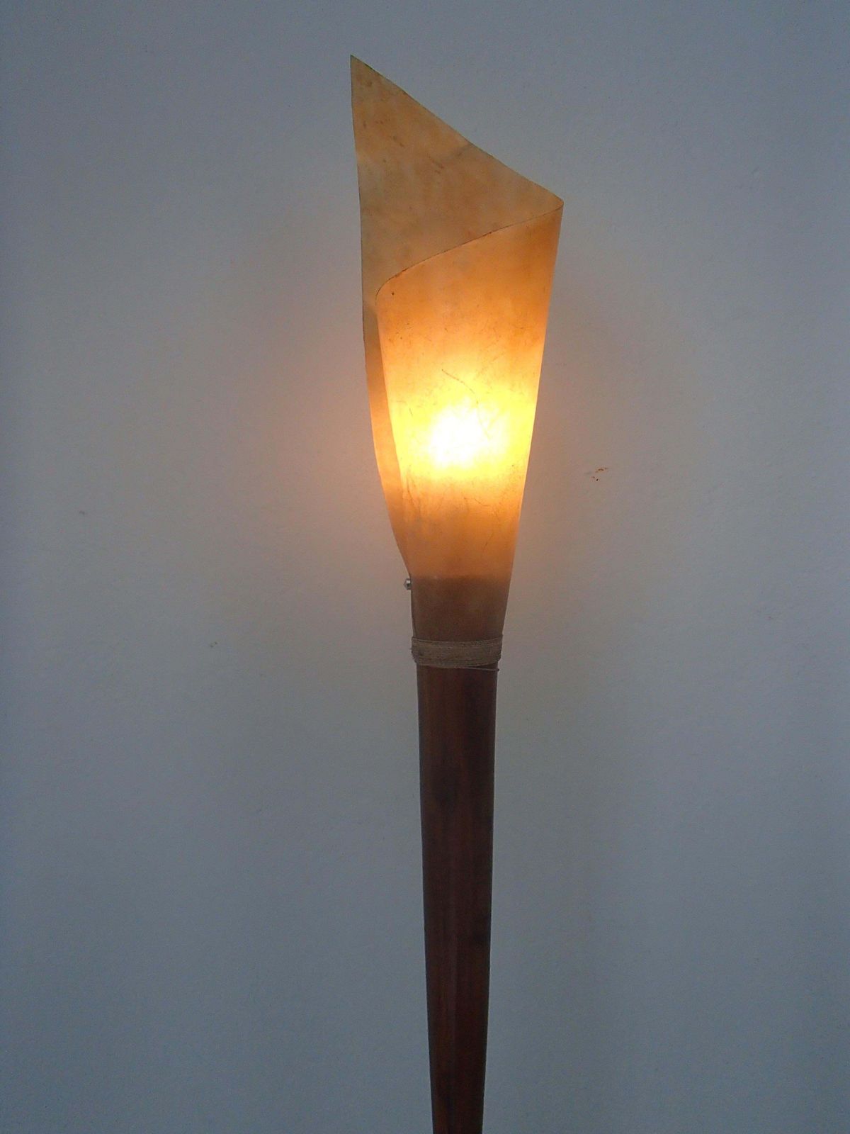 1597.0 Midcentury Brutalist Pair Handmade Floor Lamps Wood And Rolled Skin Shades photo