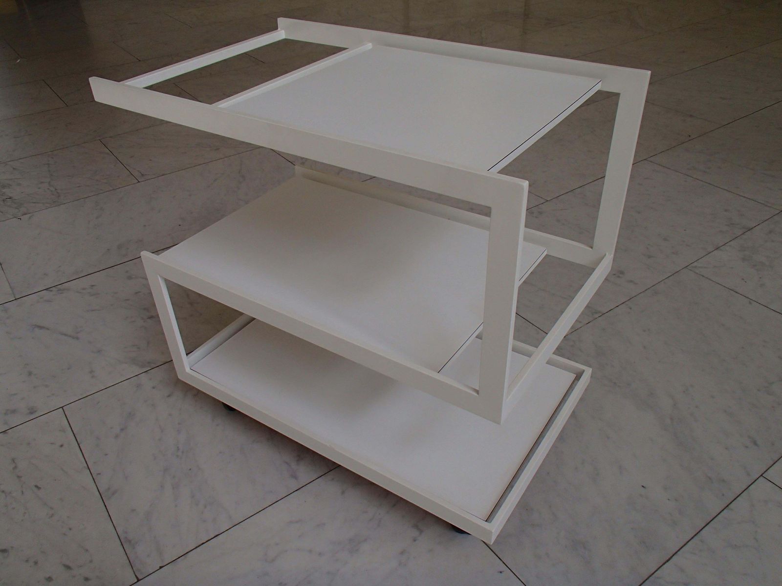 Modern Cubist White Trolley 3 Shelf's White Metal Frame And Wood Shelf's photo furniture