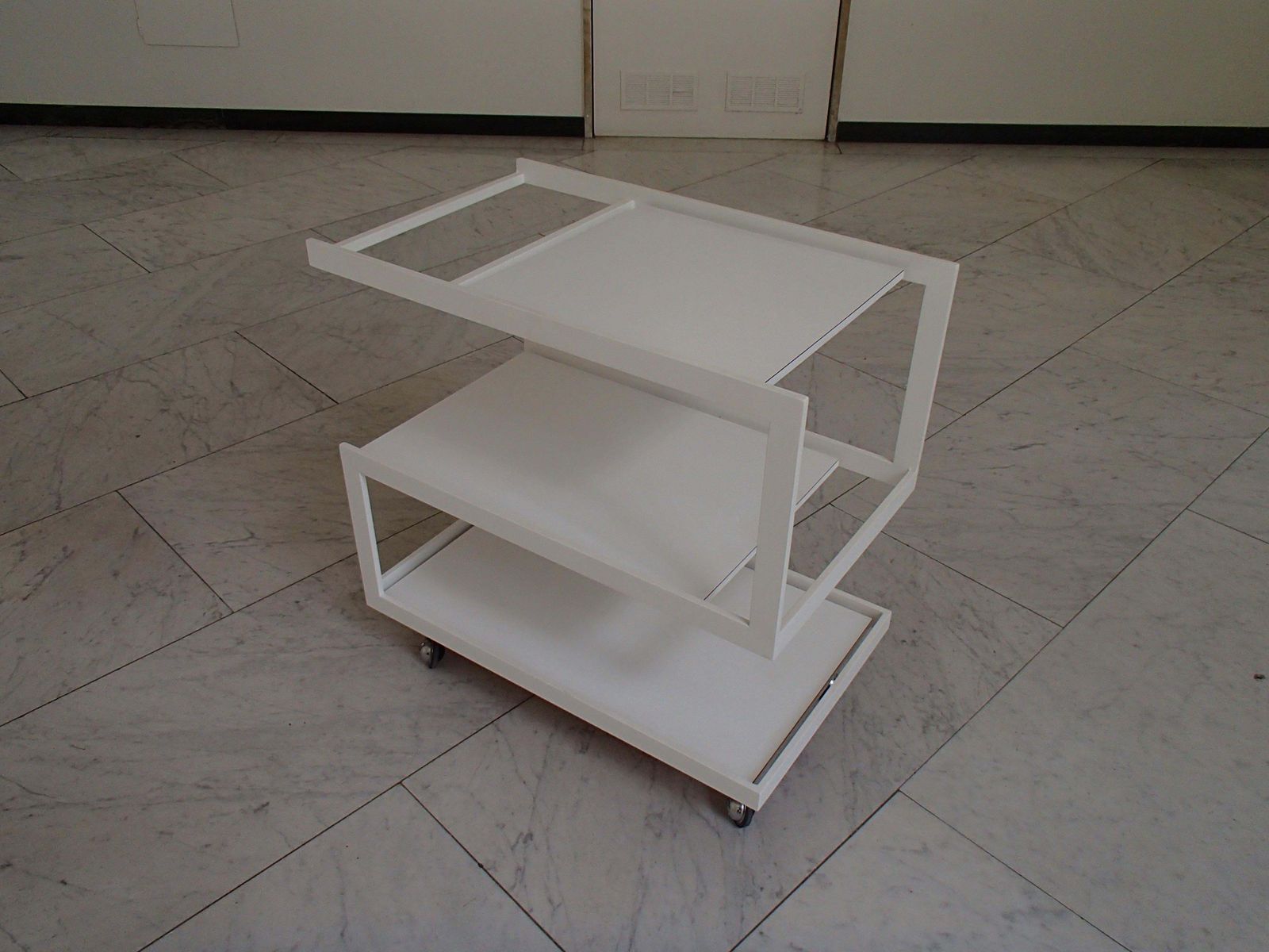 Modern Cubist White Trolley 3 Shelf's White Metal Frame And Wood Shelf's photo vintage