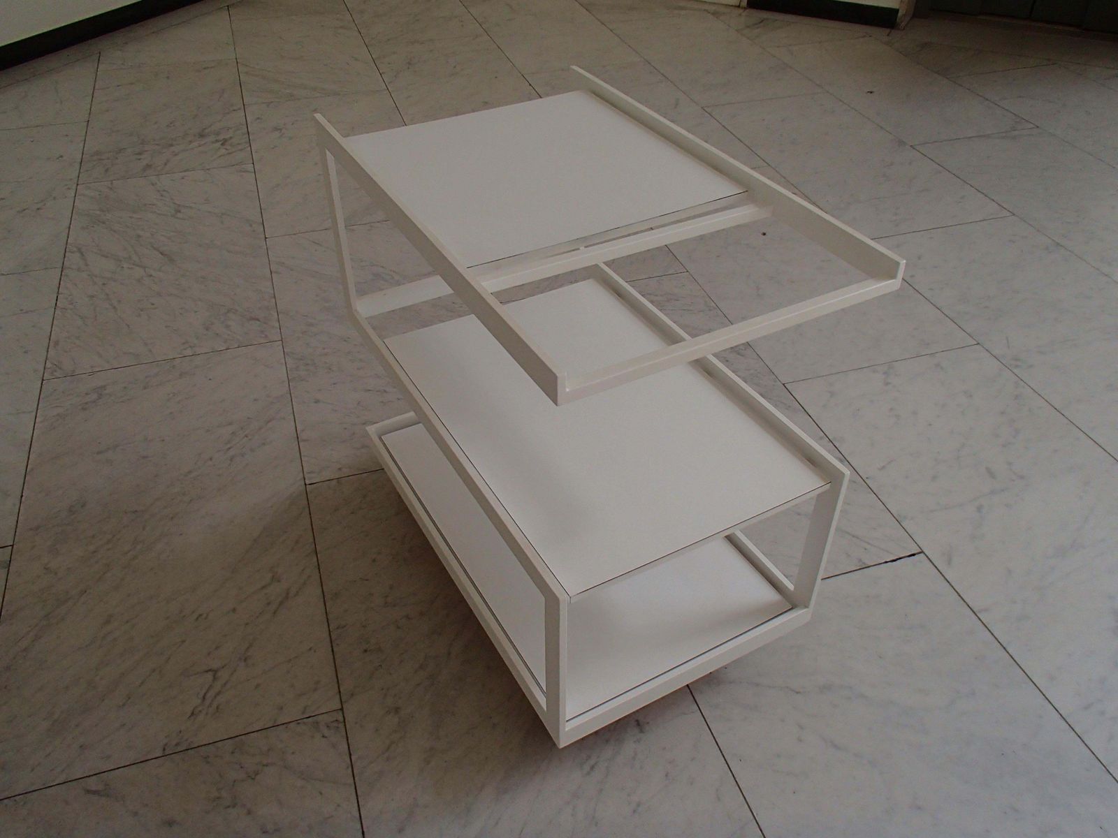 Furniture Modern Cubist White Trolley 3 Shelf's White Metal Frame And Wood Shelf's photo