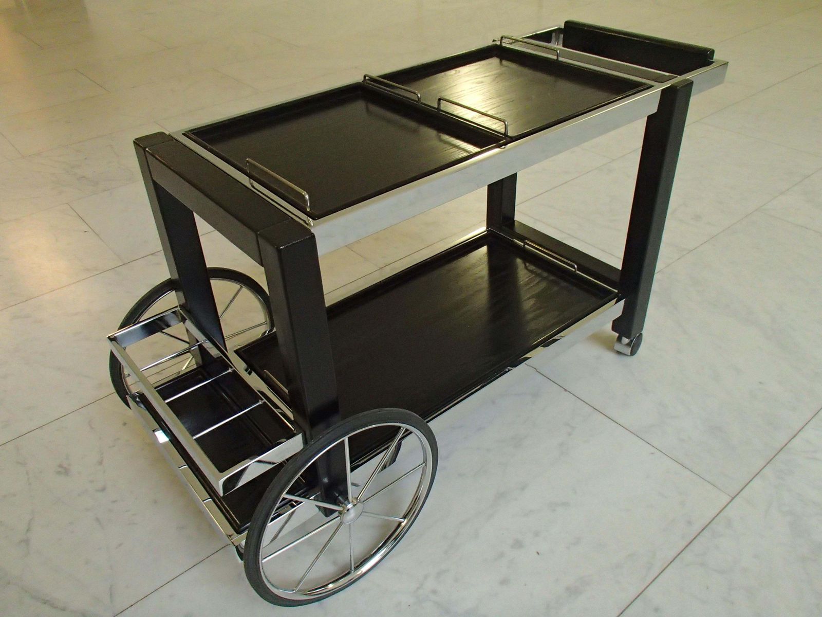 1980 This Modern Chrome And Black Oak Large Trolley Bar Cart photo furniture