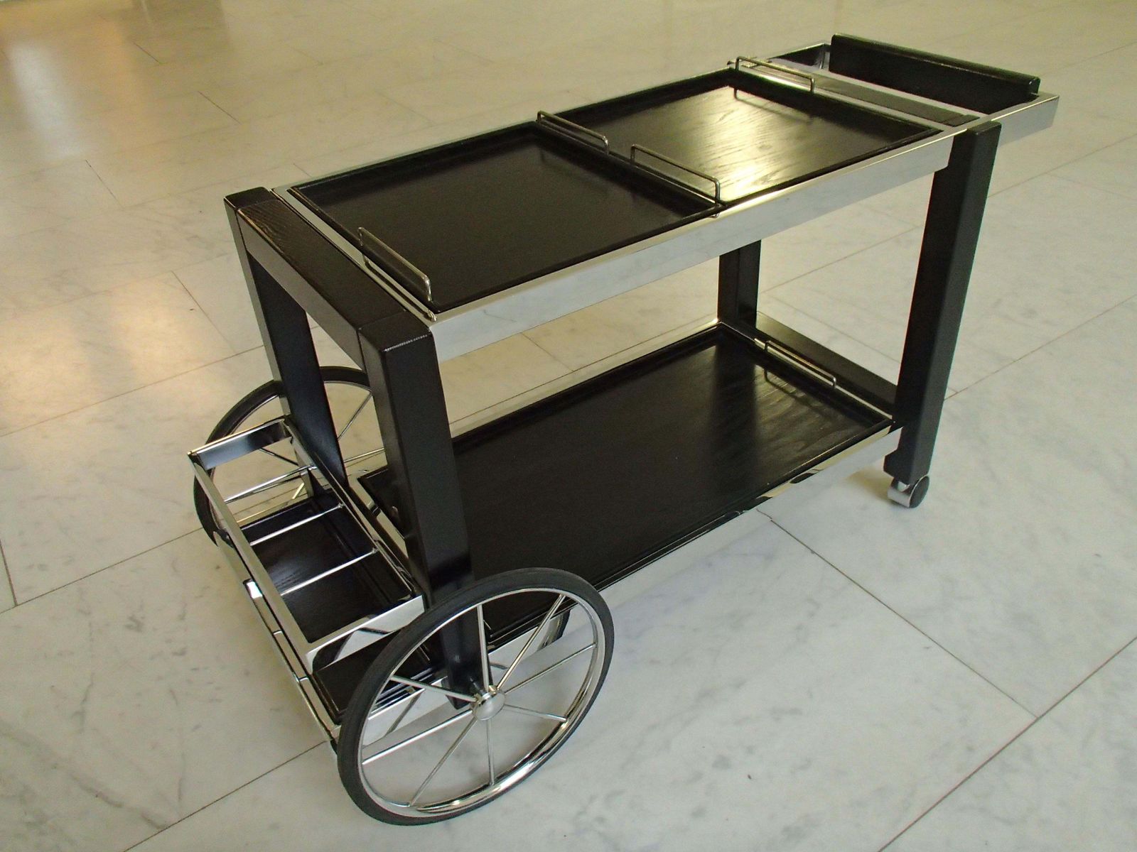1980 This Modern Chrome And Black Oak Large Trolley Bar Cart photo for sale