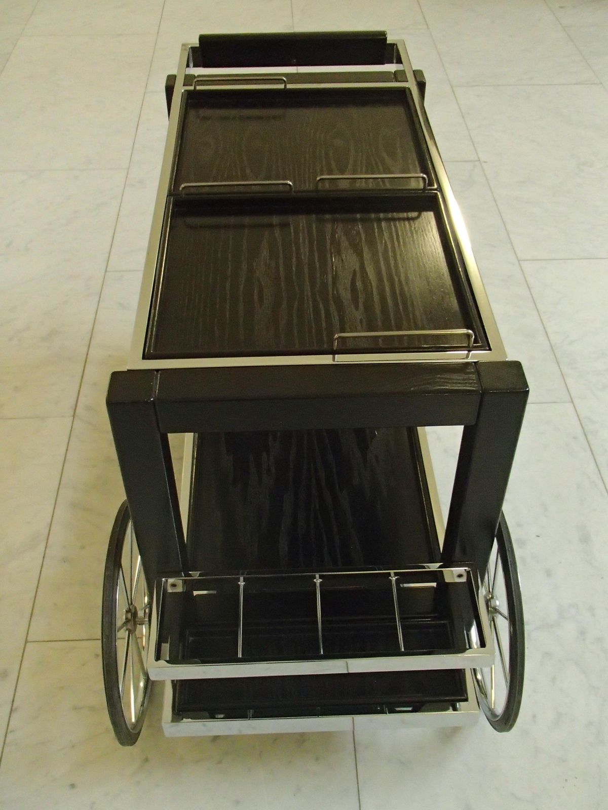 1980 This Modern Chrome And Black Oak Large Trolley Bar Cart photo Furniture