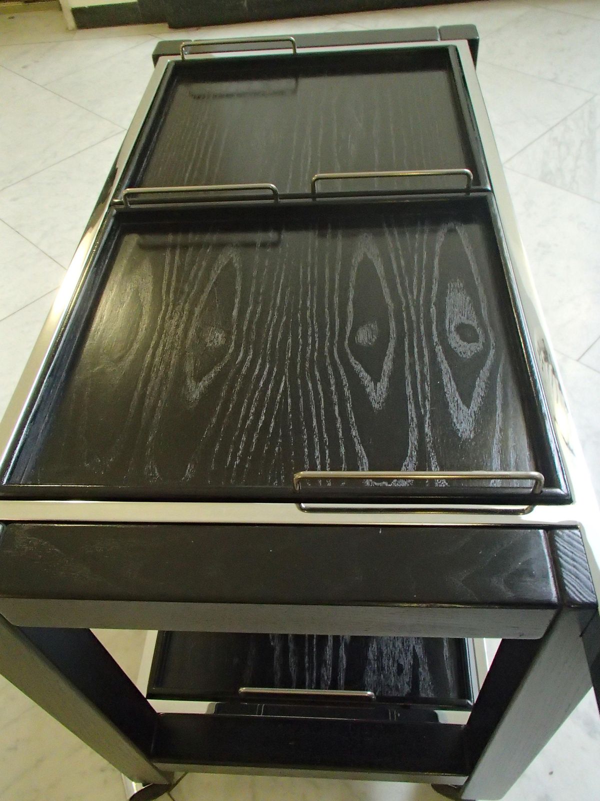Furniture 1980 This Modern Chrome And Black Oak Large Trolley Bar Cart photo