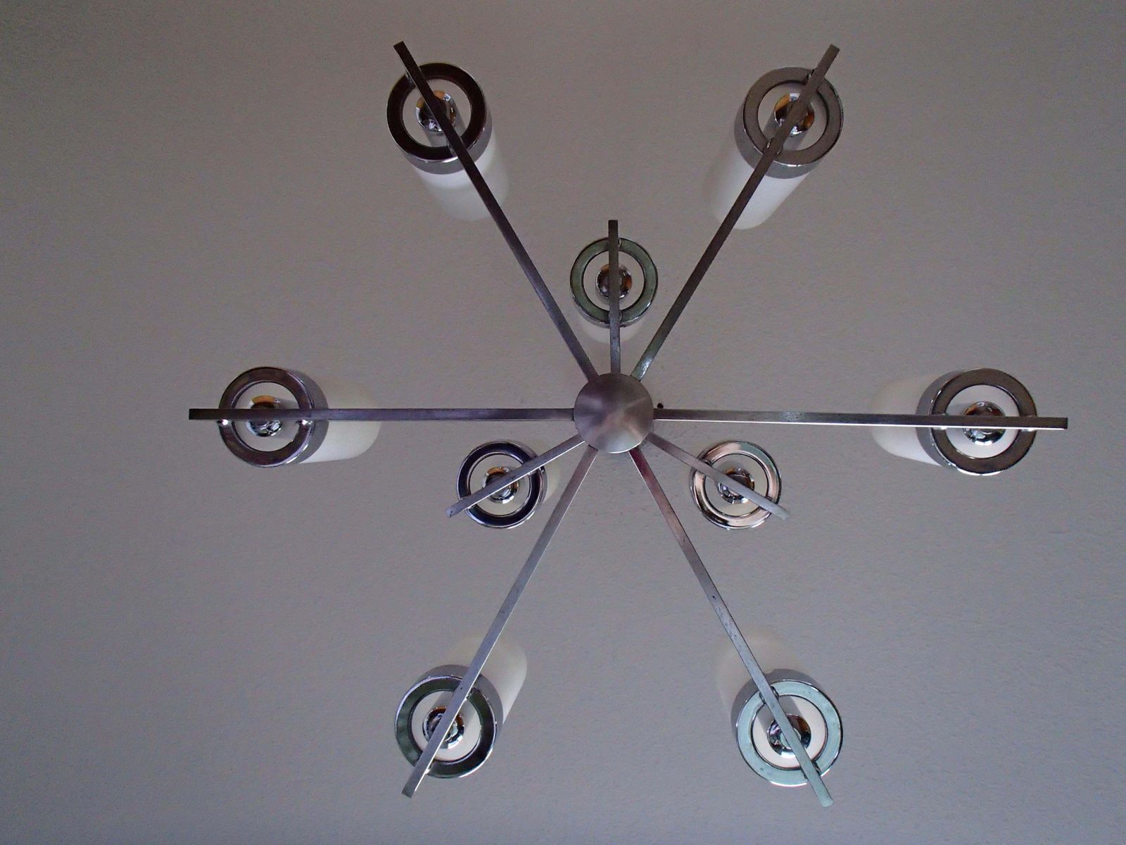 photo for sale Bauhaus Chandelier Chrome With Nine White Tubular Glass Shades