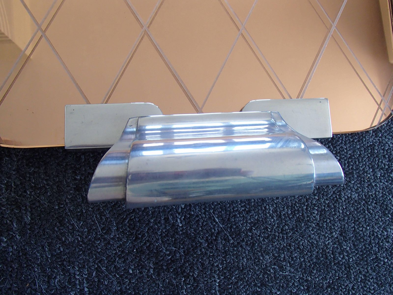 photo for sale Art Deco Pink Mirror Engraved Rhomboids Serving Tray With Aluminium Handles