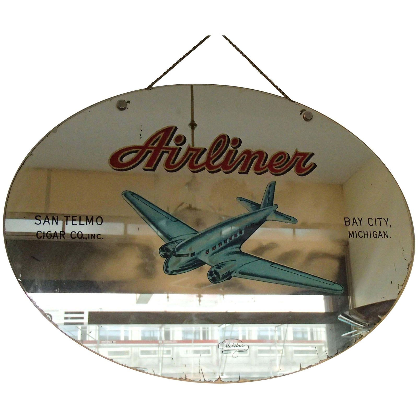 Midcentury Advertising Mirror "Airliner" San Telmo Cigar Co Bay City Michigan