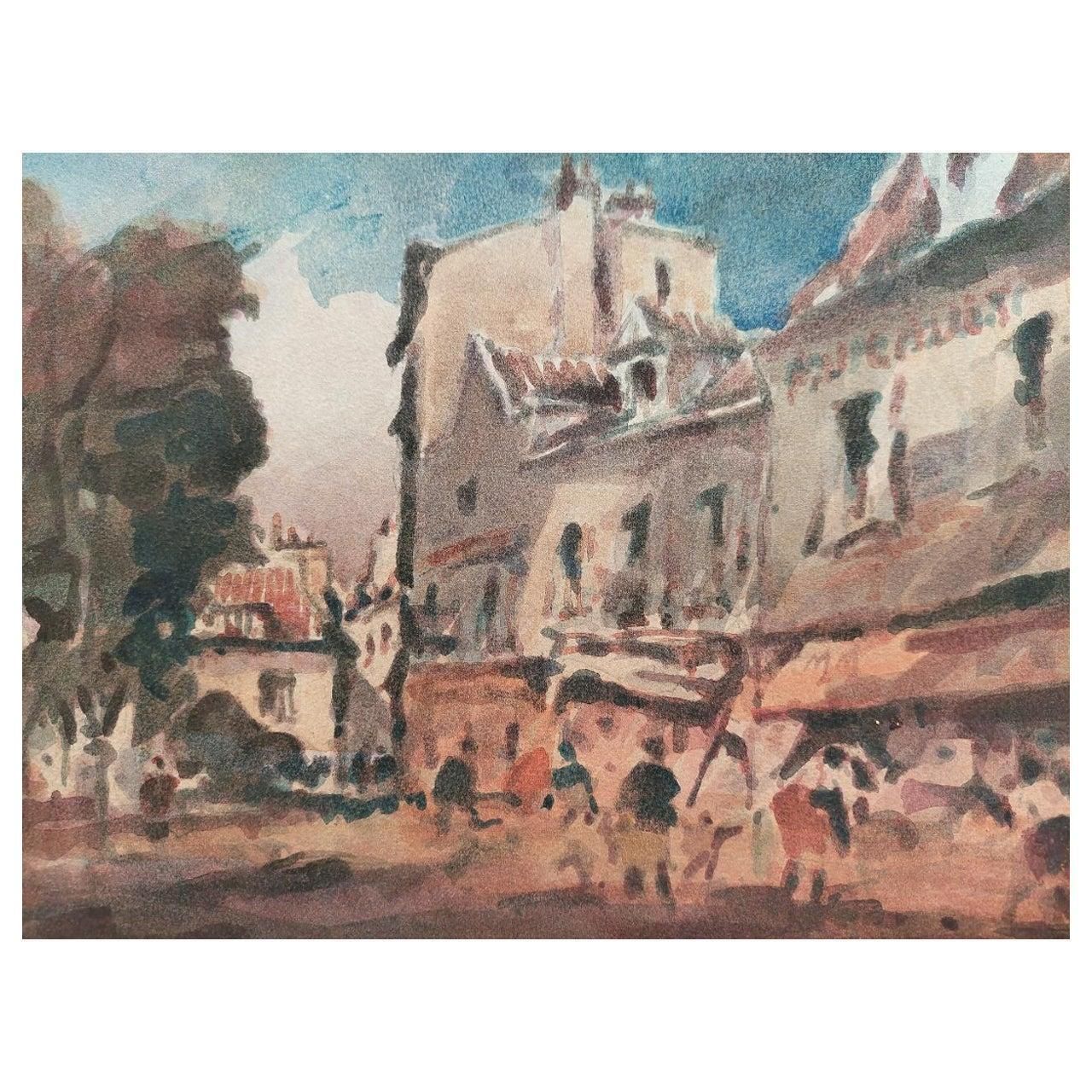 Maurice Mazeilie French Modernist Cubist Painting Figures In A Small Town Late 20th Century