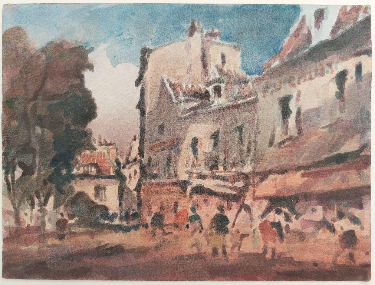 Maurice Mazeilie French Modernist Cubist Painting Figures In A Small Town Late 20th Century photo furniture