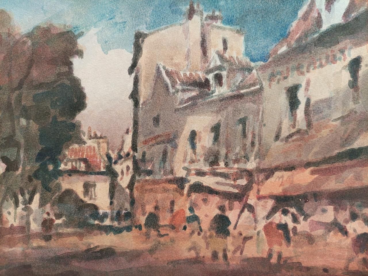 Maurice Mazeilie French Modernist Cubist Painting Figures In A Small Town Late 20th Century photo Art