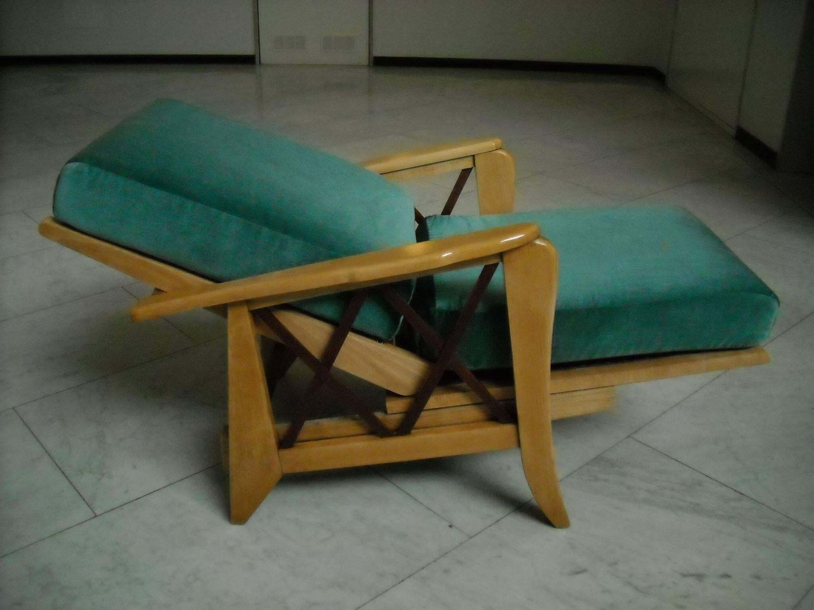 Mid Century Modern Extendable Armchair Two Tone Birch Blue Velvet Cushions photo 3122.0