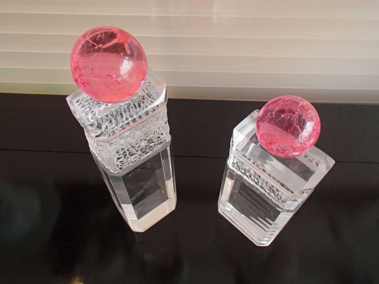 Pair Of Modern Haziza Plexi Glass Sculptures Transparent And Pink Ball photo buy