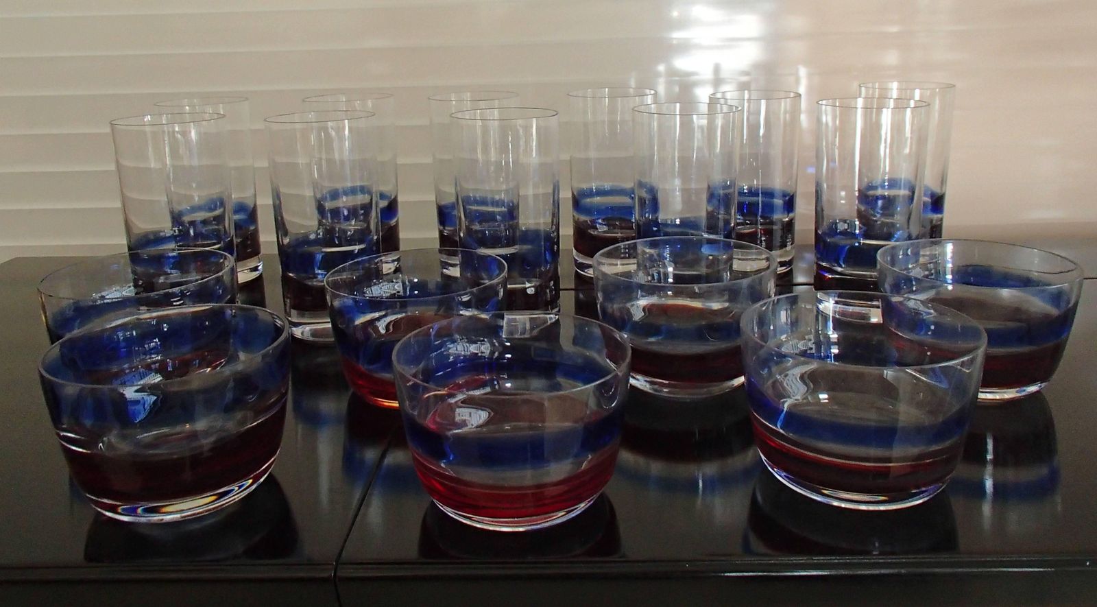 Mid Century Seven Cups And 11 Water, Long Drink Glasses Red Blue Fulvio Bianconi photo furniture