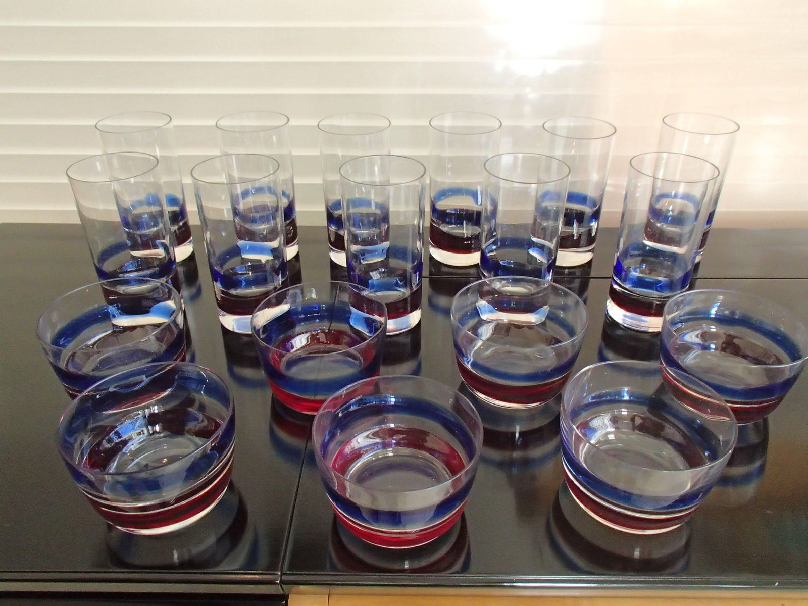 Mid Century Seven Cups And 11 Water, Long Drink Glasses Red Blue Fulvio Bianconi photo Home Decor