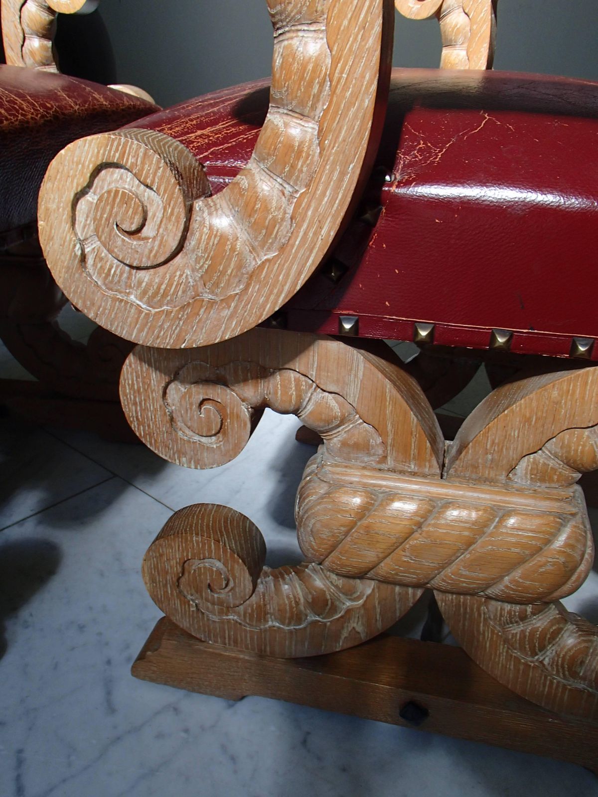 1940 Pair Of Side Chairs Chalked Oak And Red Leather photo 8309.0