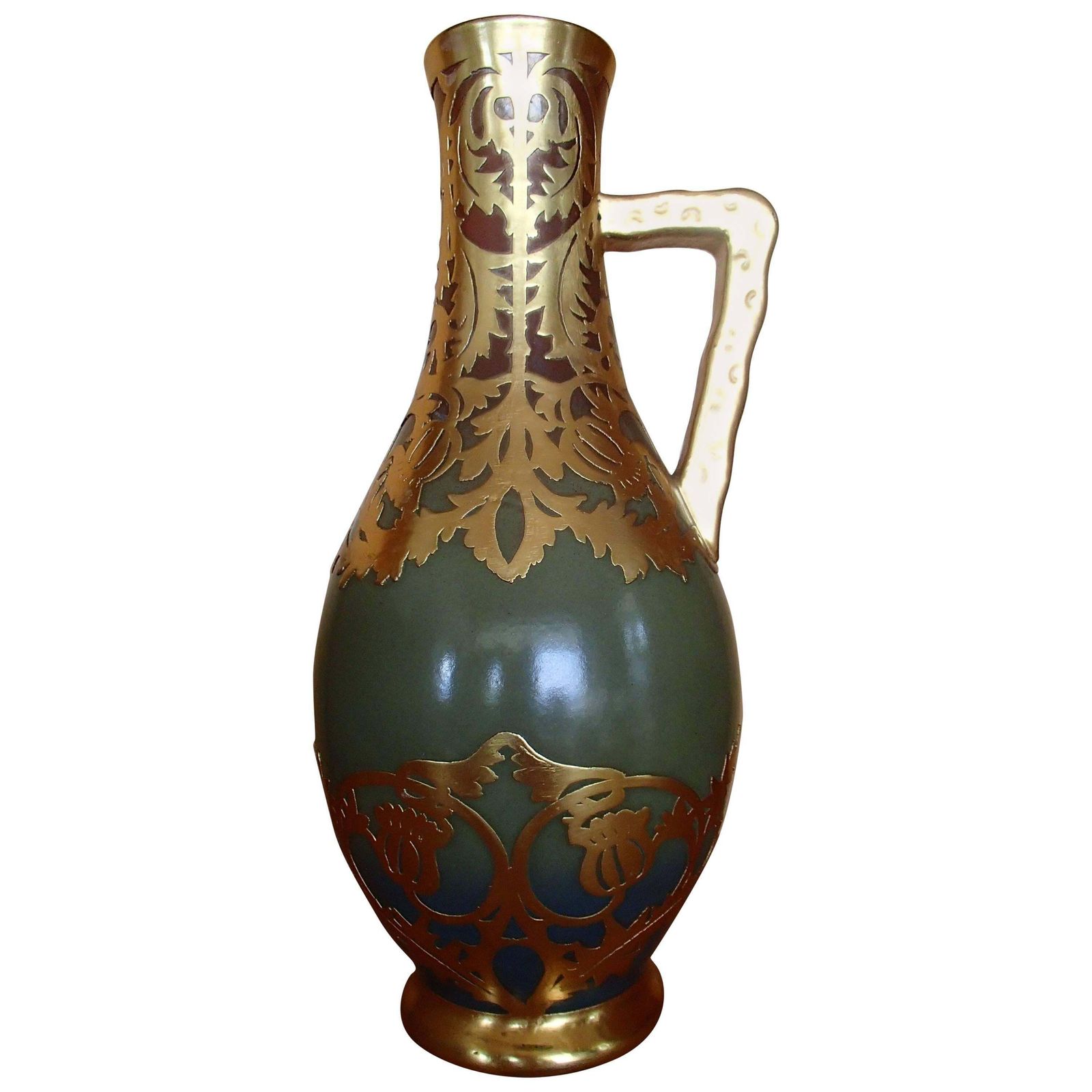 Art Nouveau Jarre Sarrguemines Green With Gold Leaf Floral Paintings
