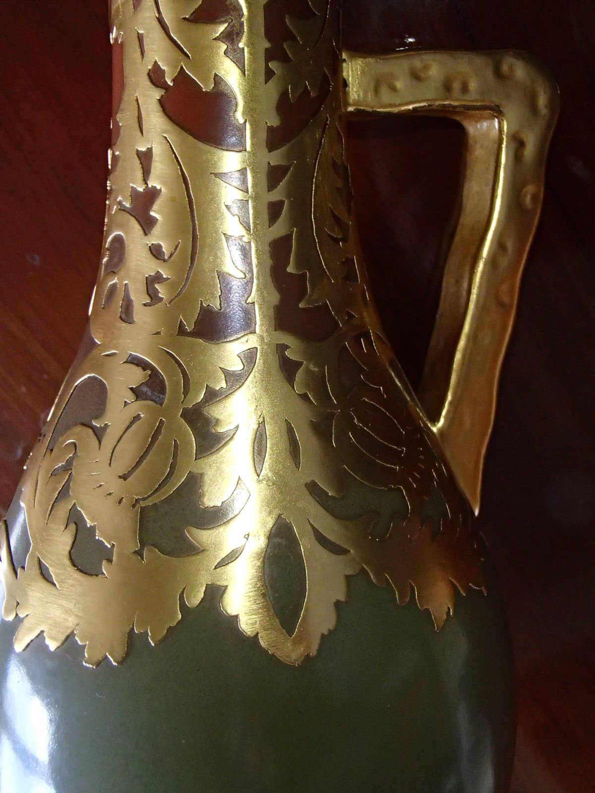 Art Nouveau Jarre Sarrguemines Green With Gold Leaf Floral Paintings photo for sale