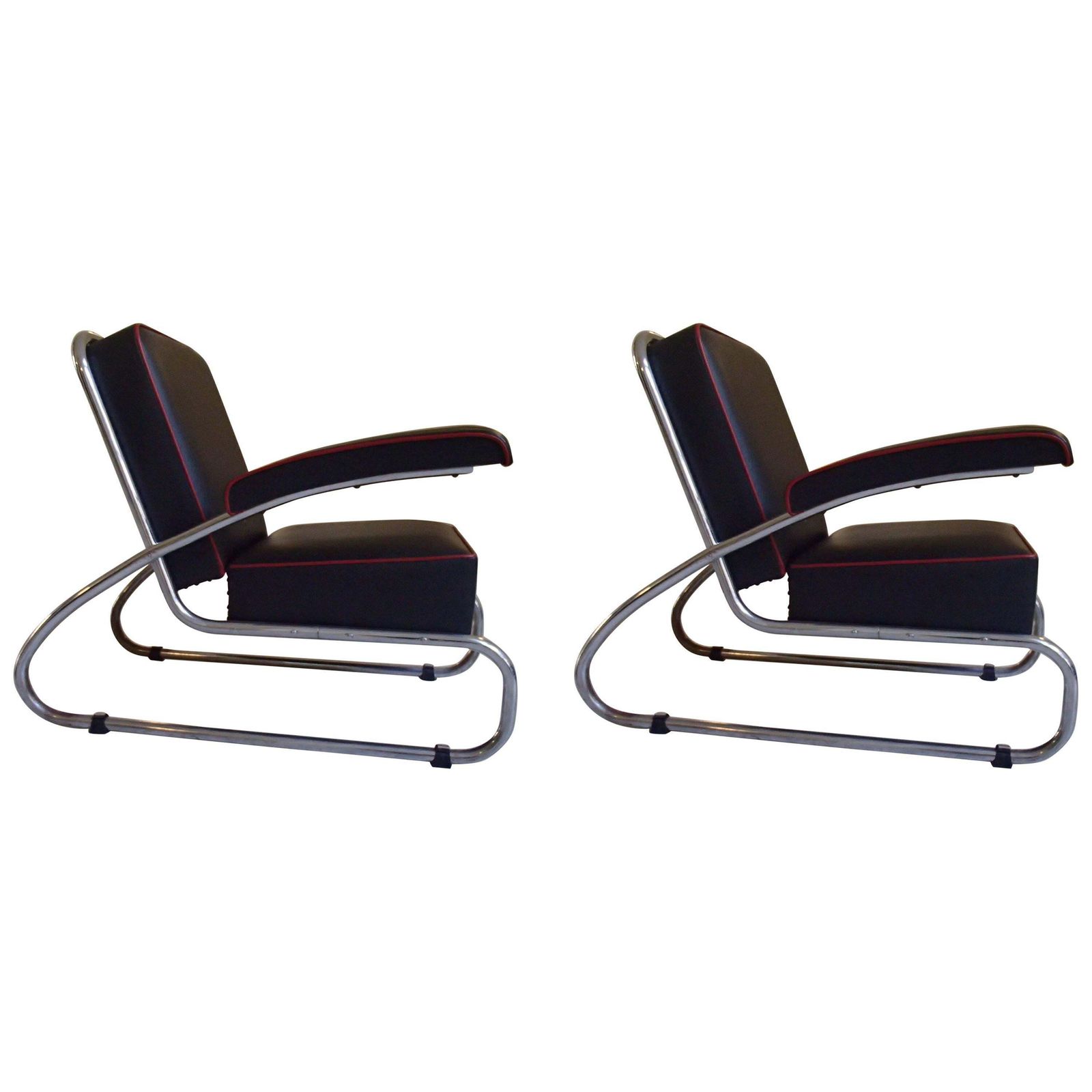 Pair Of Gottwald Bauhaus Chrome Black Leather Lounge Chairs Red