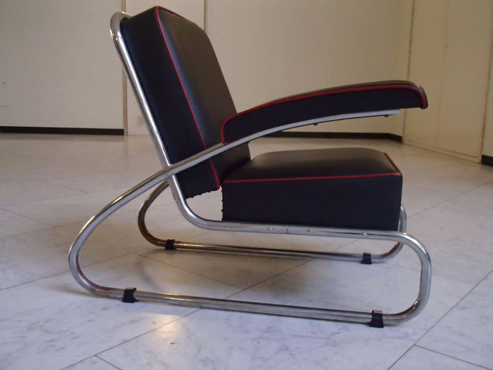 photo for sale Pair Of Gottwald Bauhaus Chrome Black Leather Lounge Chairs Red
