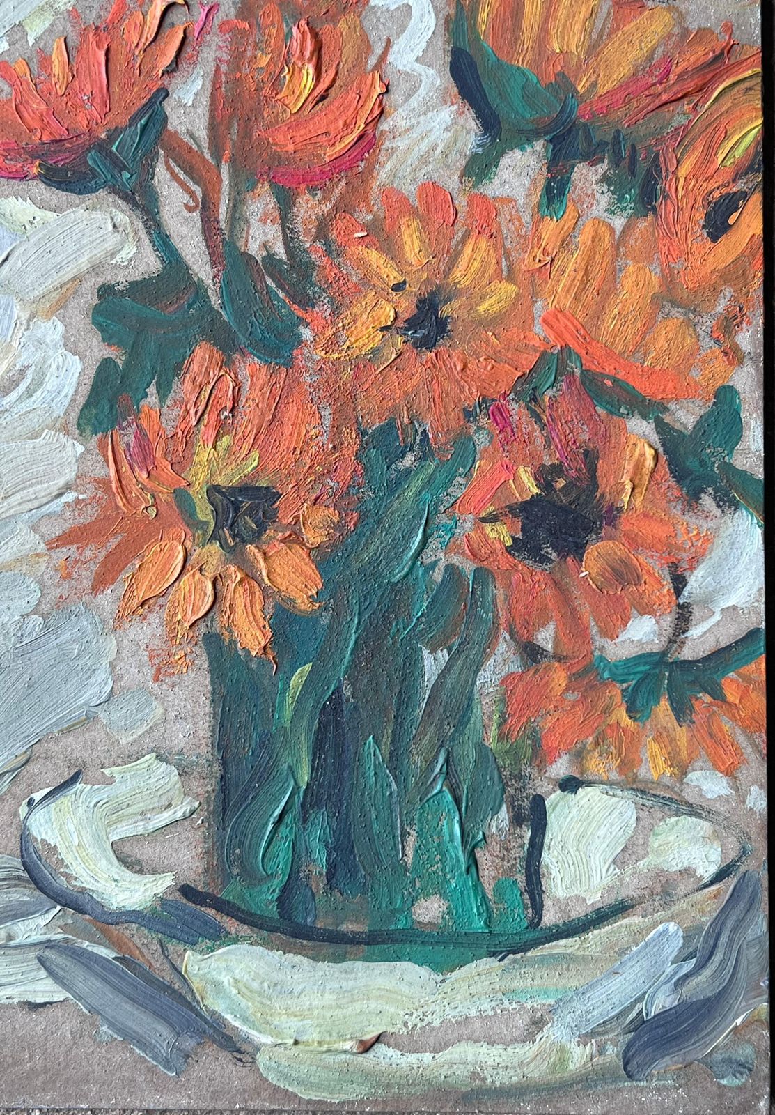 Suzanne Dinkes Mid Century French Impressionist Oil Painting Still Life Orange Sunflowers 1950's photo vinterior
