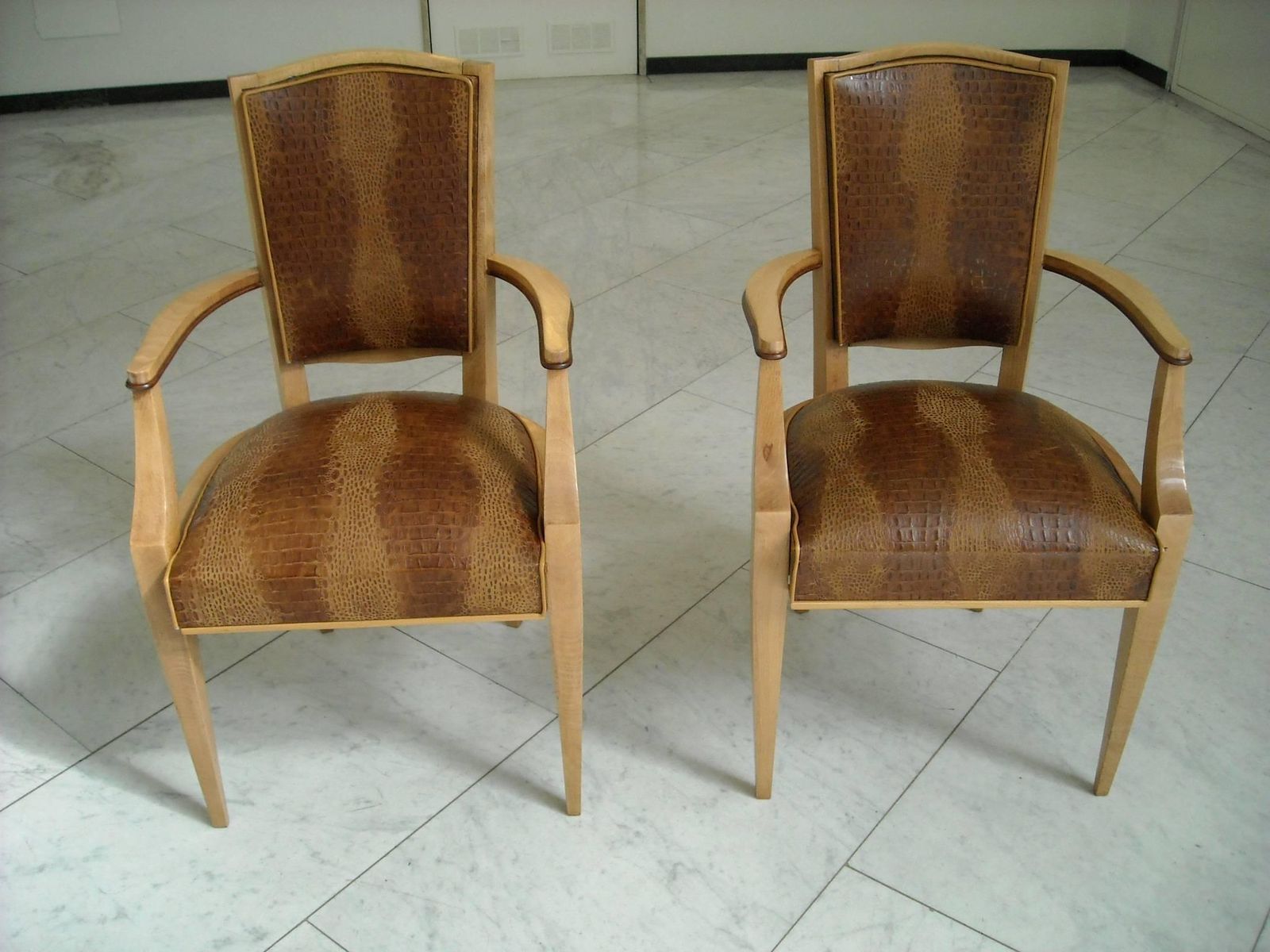 Pair Of 1940 This Side Chairs Birch With Real Leather In Crocodile Print photo for sale