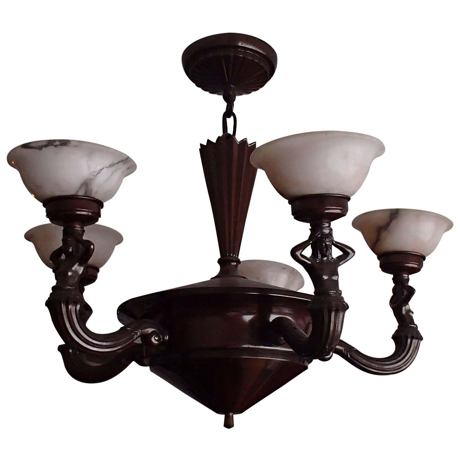 19th Century Bronze Chandelier With Five Alabaster Cups Female Figures