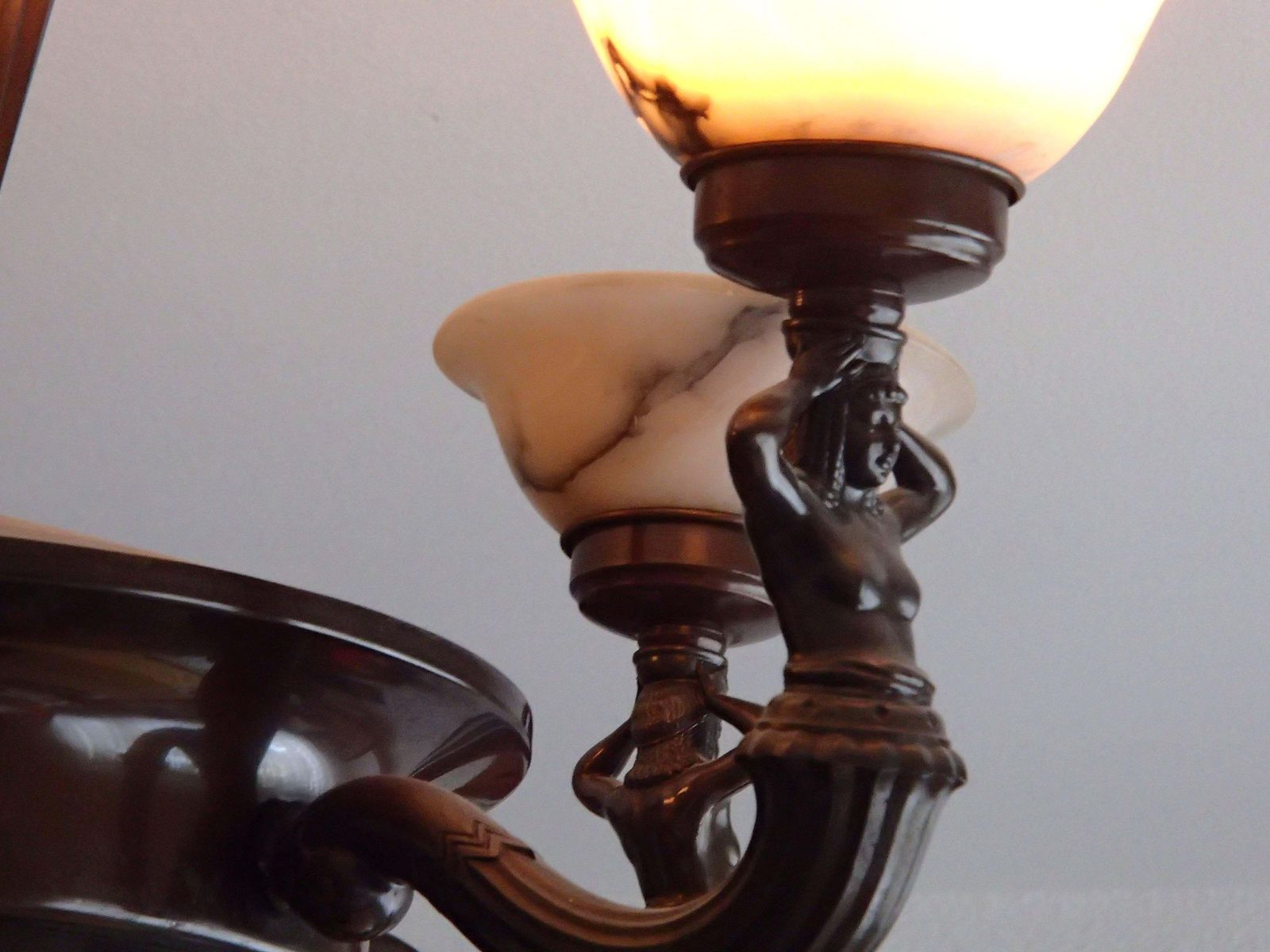 19th Century Bronze Chandelier With Five Alabaster Cups Female Figures photo Lighting