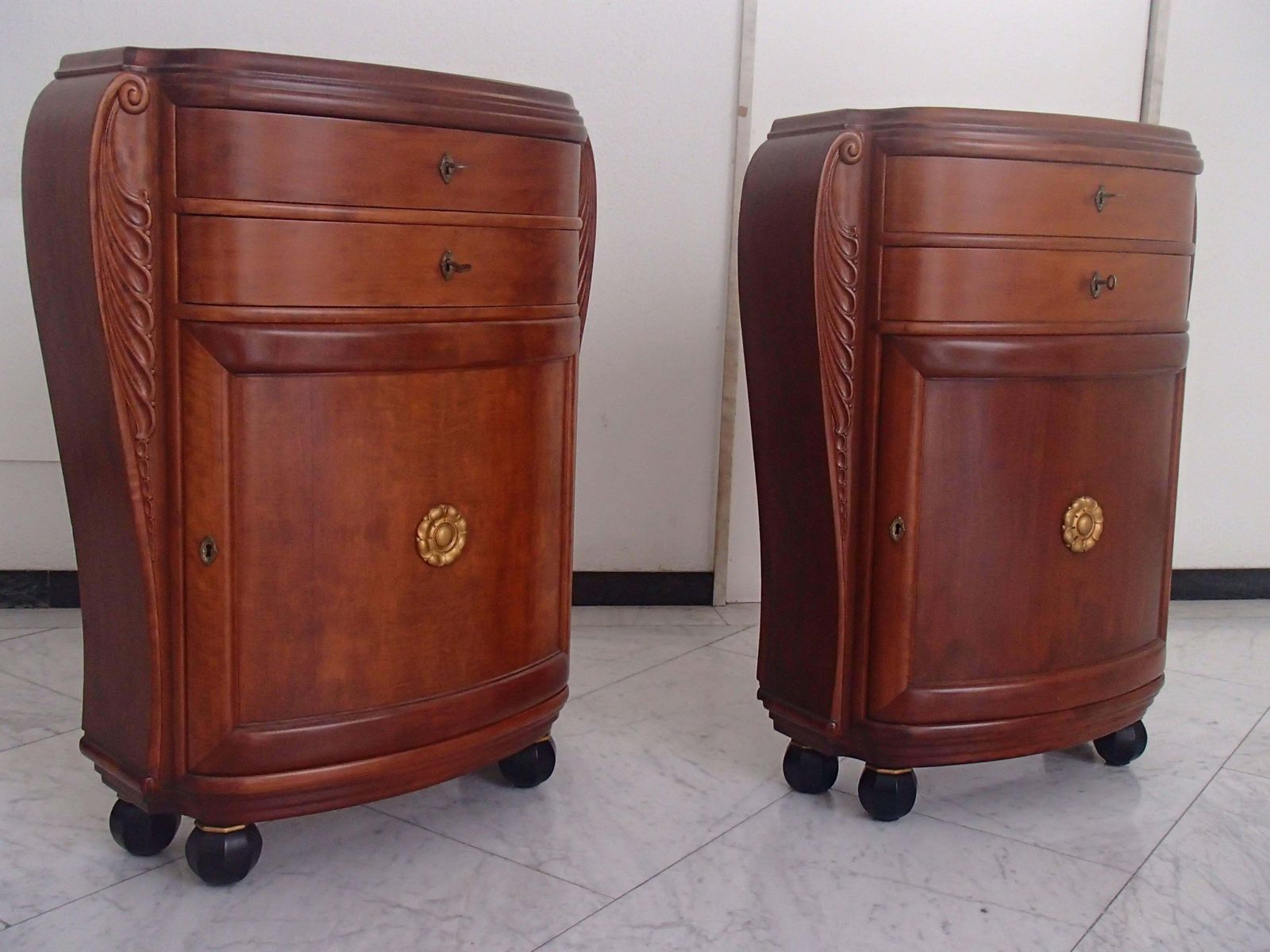 1920 Pair Of Cabinets/Consoles/Cupboards Tinted Birch 4 Ball Legs Floral Emblem photo furniture