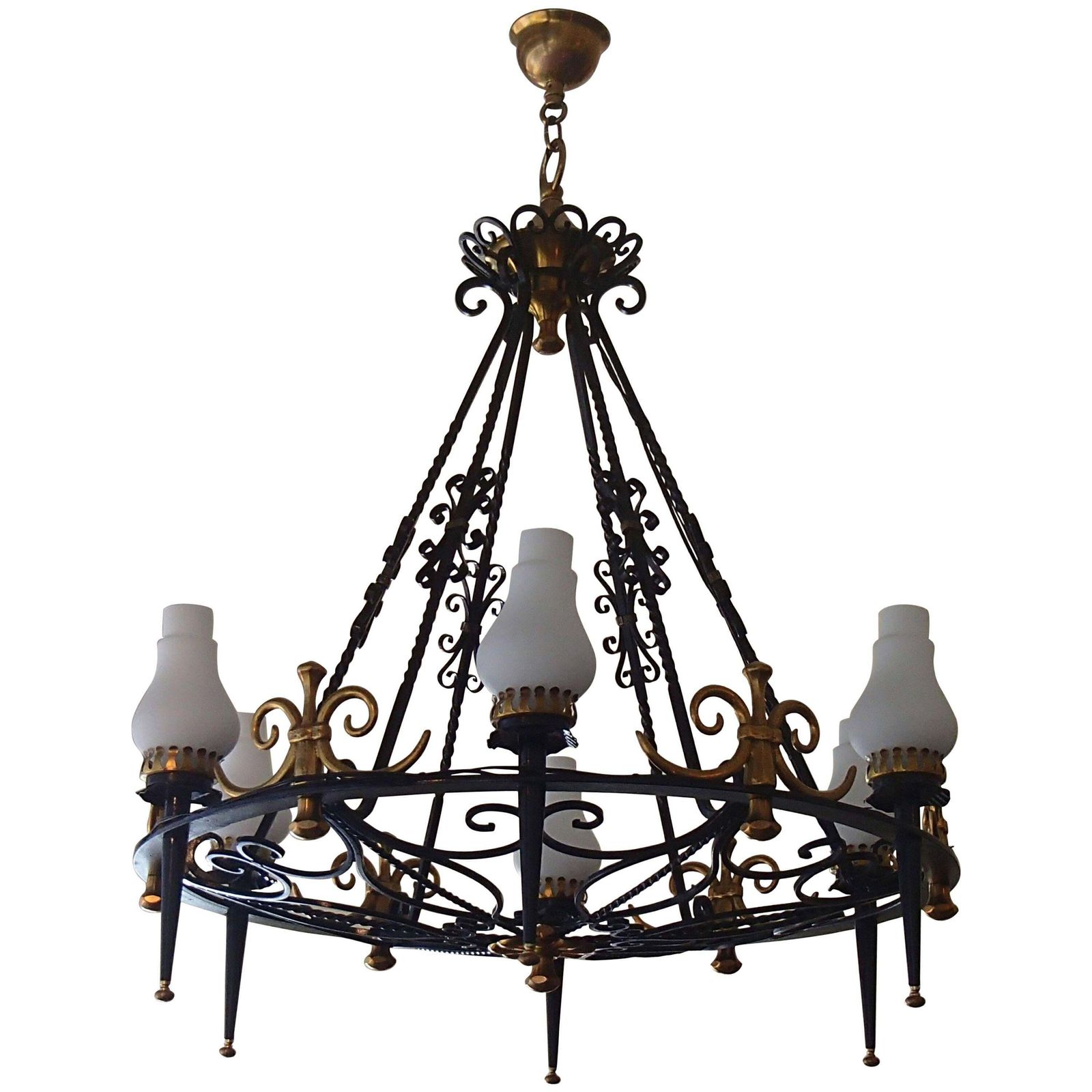 Hughes 1940 Chandelier, Wrought Iron And Brass Opal Glass
