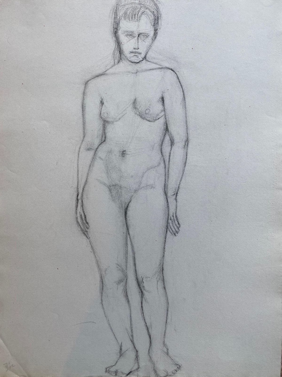 Unknown Mid 20th Century French Charcoal Drawing, Portrait Of A Standing Nude Women photo furniture