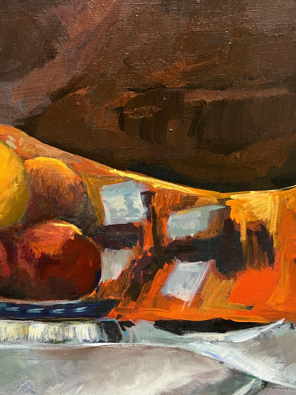 Guy Nicod Orange And Apples Fruit Bowl Brown Interior Still Life 20th Century French Oil photo for sale