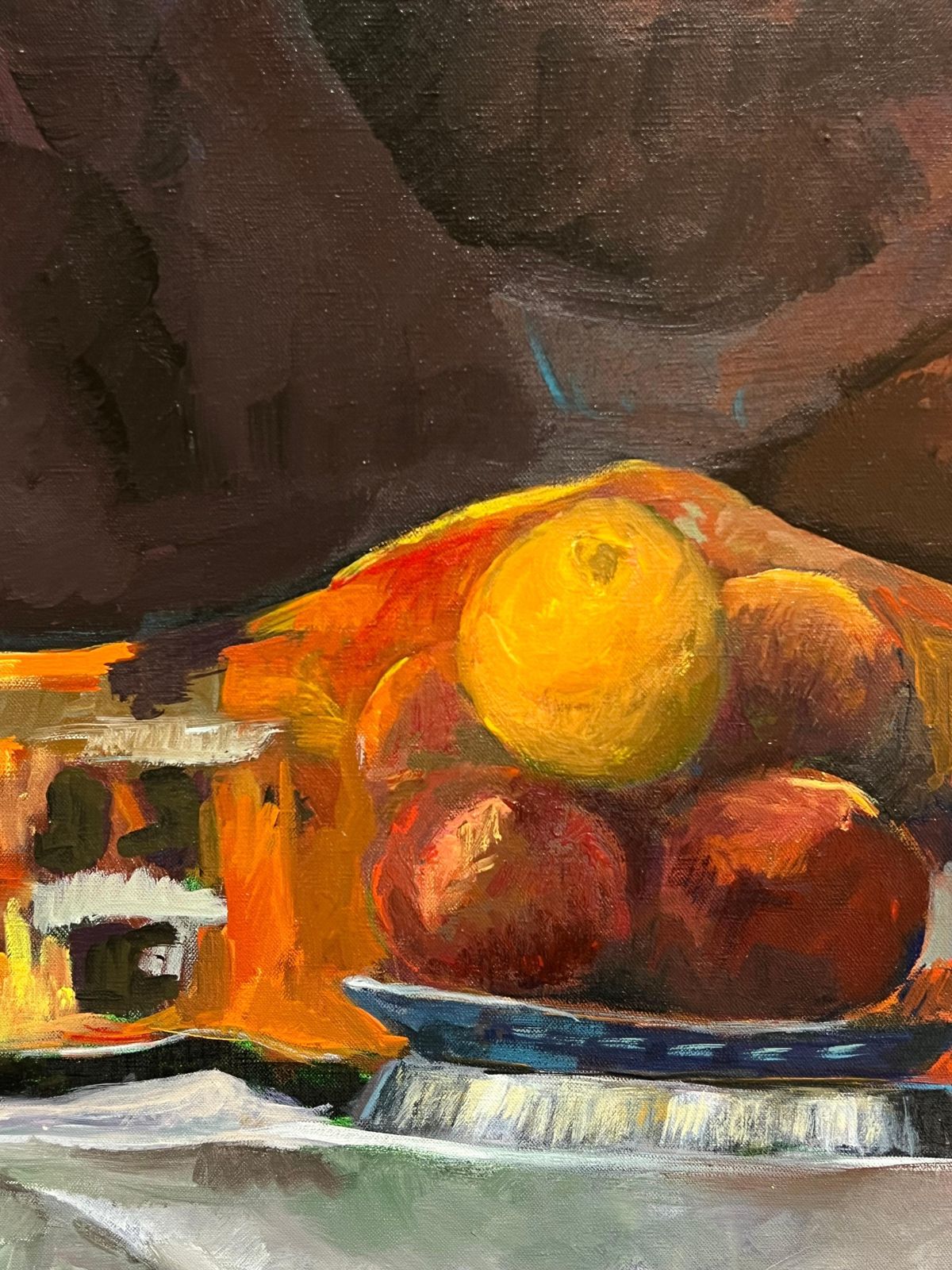 Guy Nicod Orange And Apples Fruit Bowl Brown Interior Still Life 20th Century French Oil photo Art