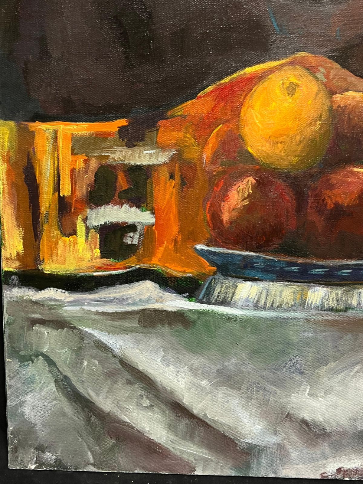 Guy Nicod Orange And Apples Fruit Bowl Brown Interior Still Life 20th Century French Oil photo buy