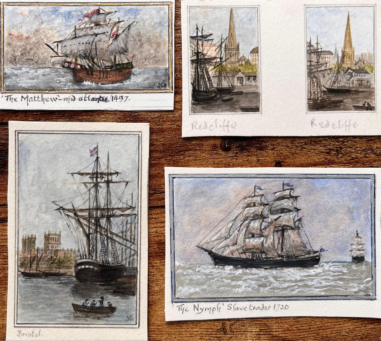 Jack Grunwell Set Of Five Miniature Maritime Watercolors Of Bristol Ships And Redcliffe