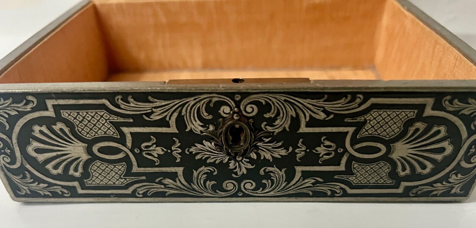 photo for sale 20th Century Marquetry Jewelry Box With Engraved Metal Depicting A Lively Scene