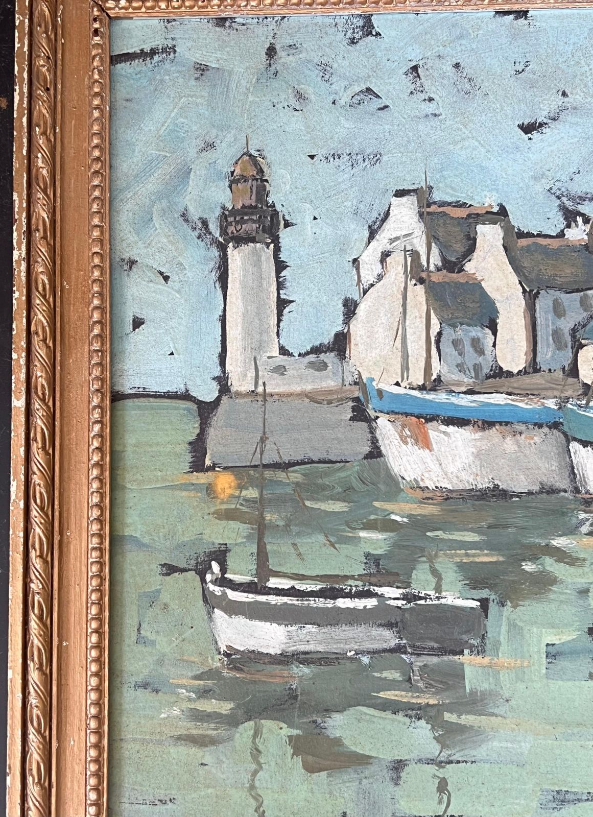 Fanch Lel Quiet Grey Boat Harbour In Breton France French Framed Oil Landscape Painting photo buy