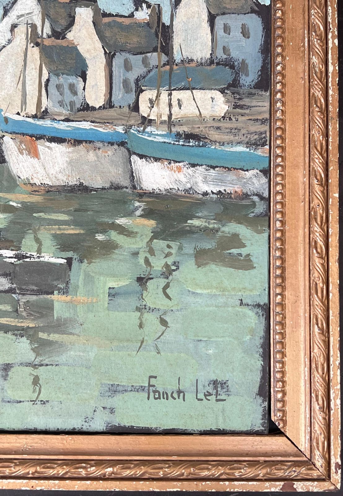Fanch Lel Quiet Grey Boat Harbour In Breton France French Framed Oil Landscape Painting photo vintage