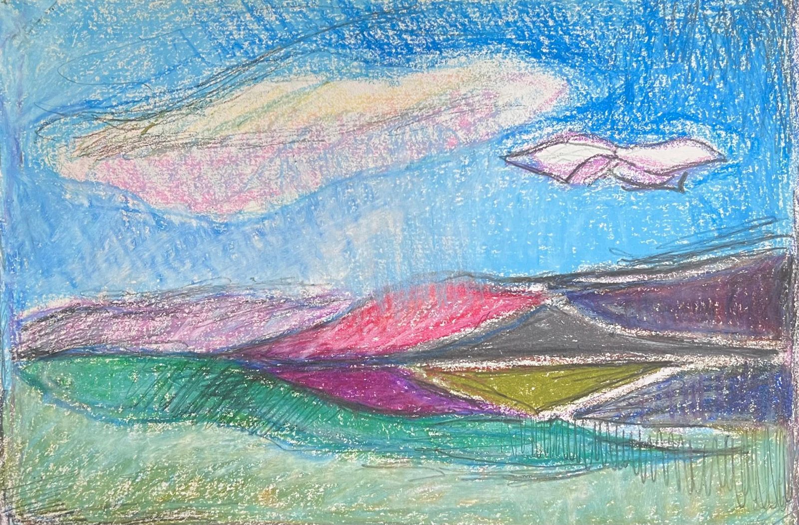 Akos Biro 20th Century French Expressionist Pastel Blue Skies Over Colourful Valleys