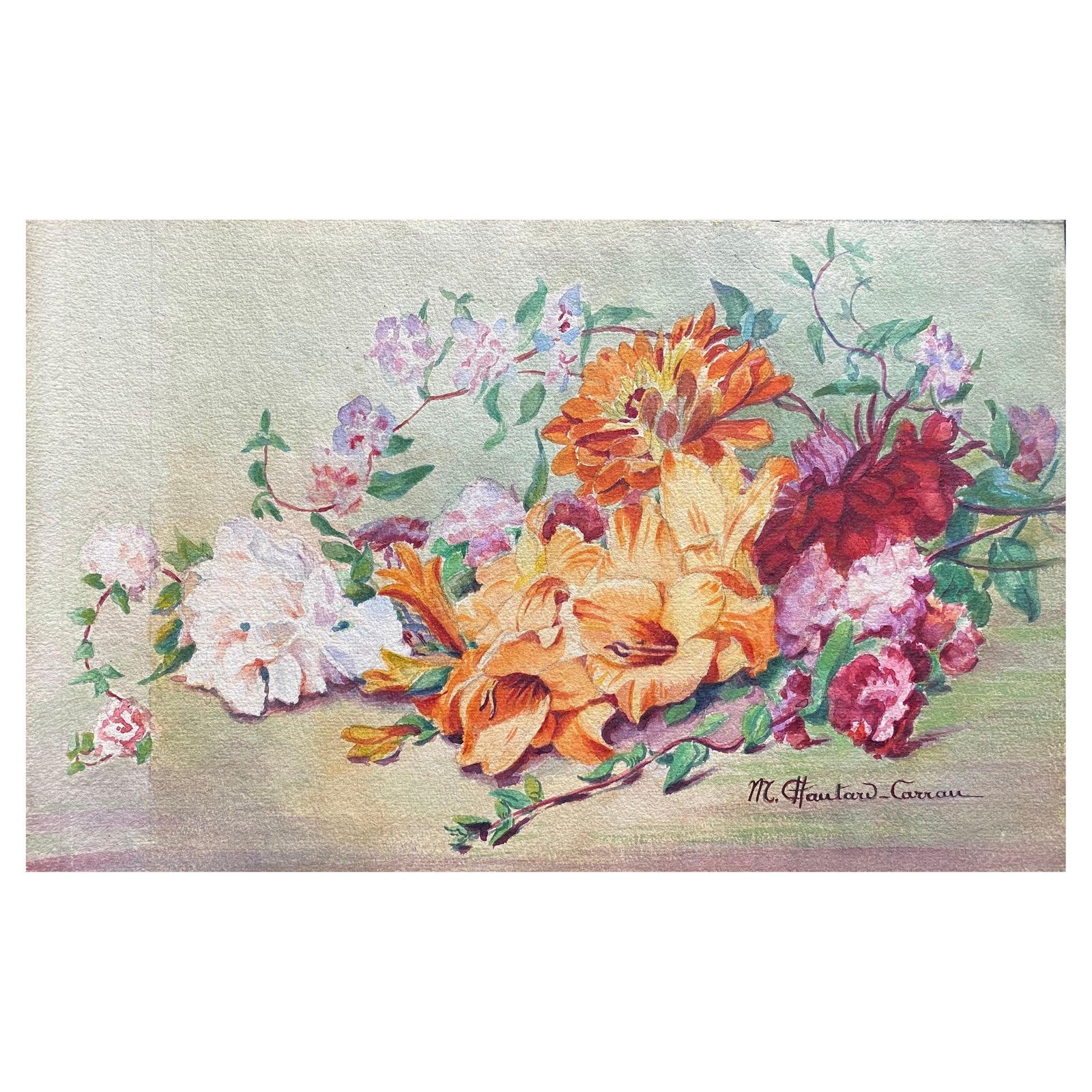Unknown Early 1900's French Impressionist Signed Flower Watercolour By Marie Carreau Circa 1900s